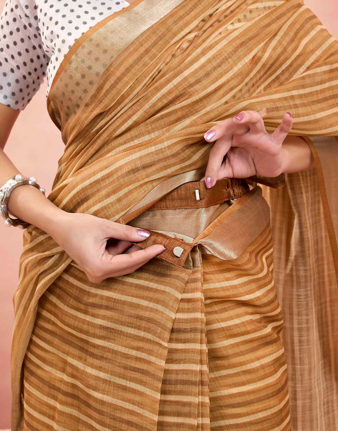Ready To Wear Camel Brown Linen Printed Saree