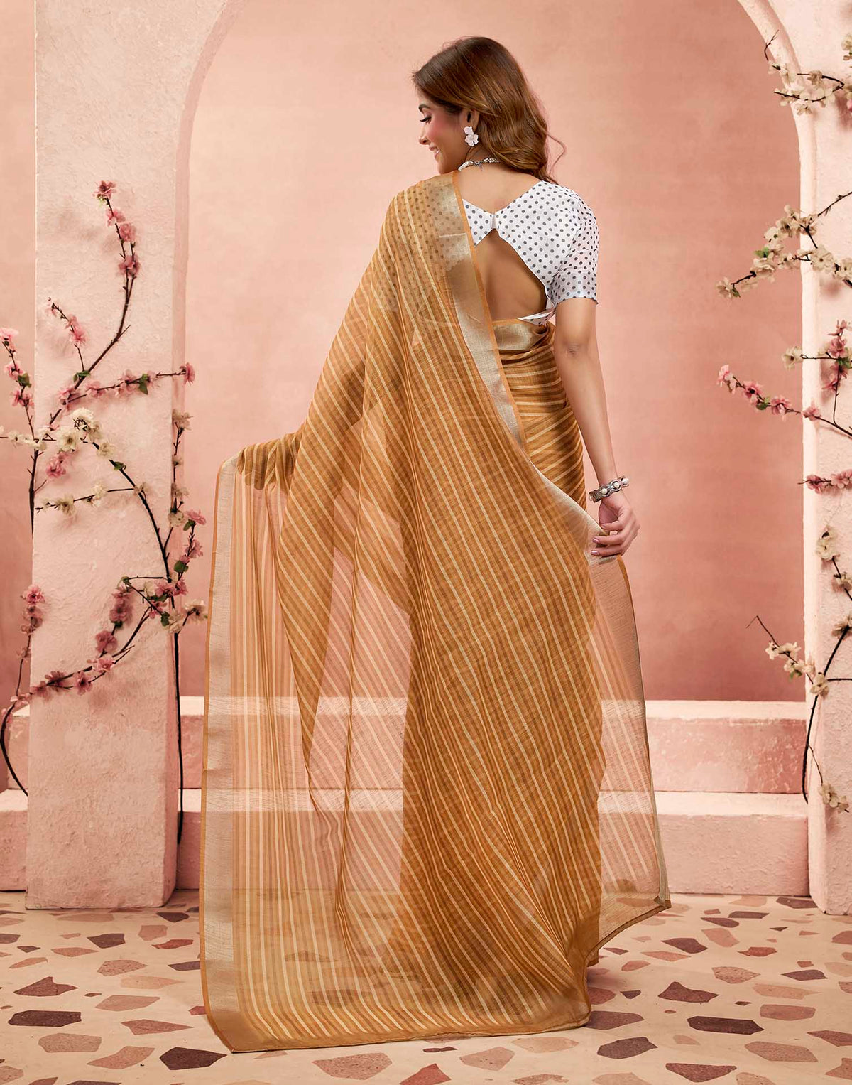 Ready To Wear Camel Brown Linen Printed Saree