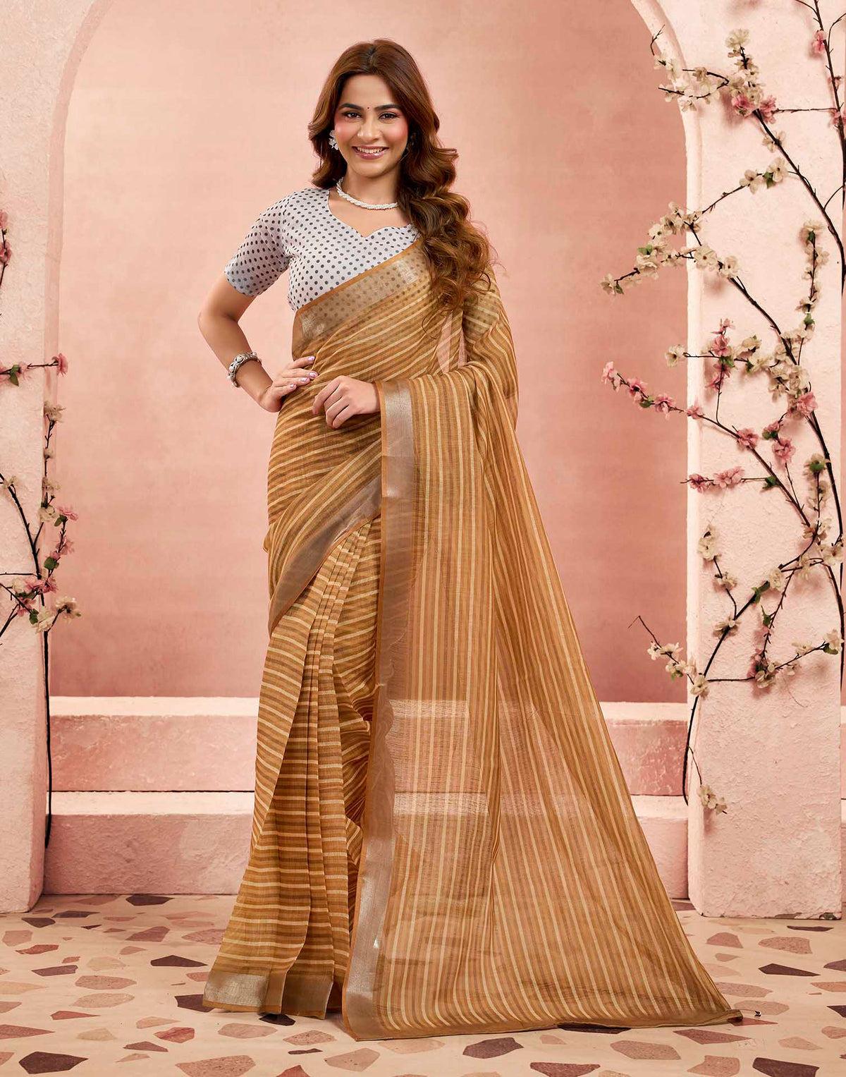 Ready To Wear Camel Brown Linen Printed Saree