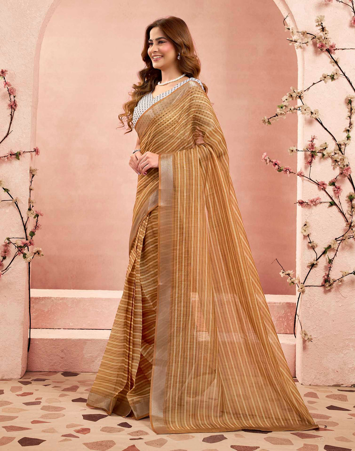 Ready To Wear Camel Brown Linen Printed Saree
