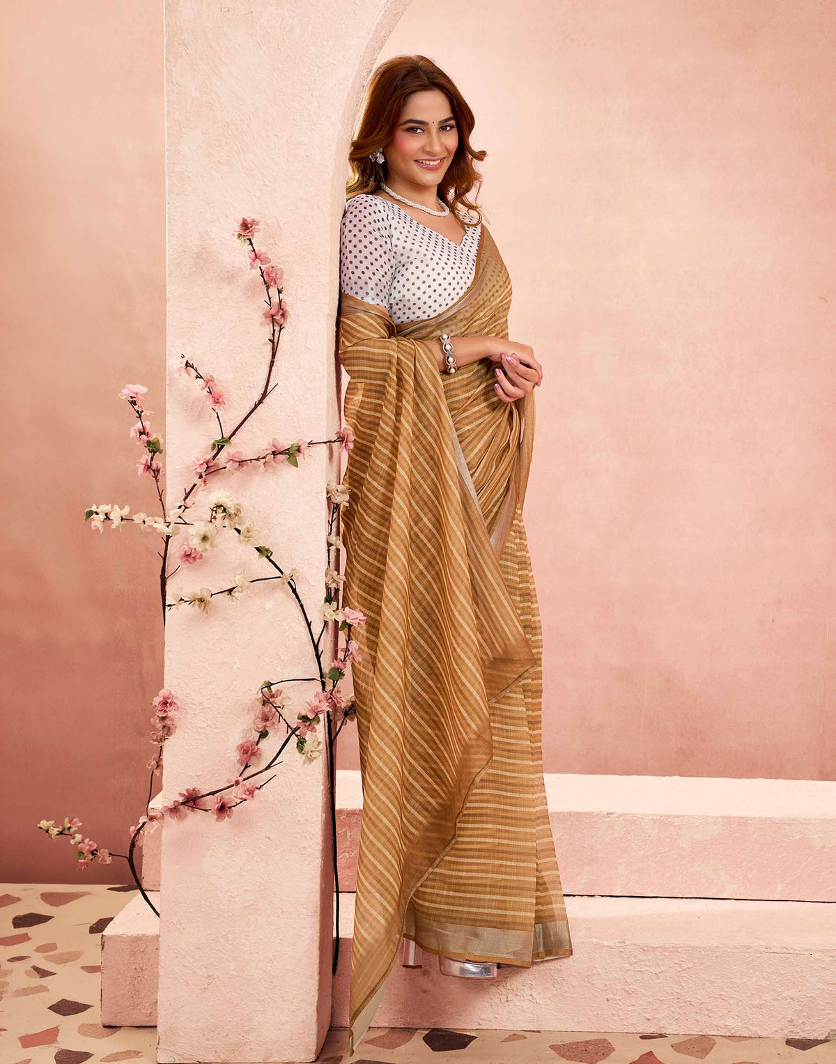 Ready To Wear Camel Brown Linen Printed Saree