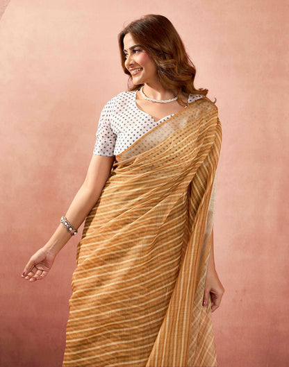 Ready To Wear Camel Brown Linen Printed Saree