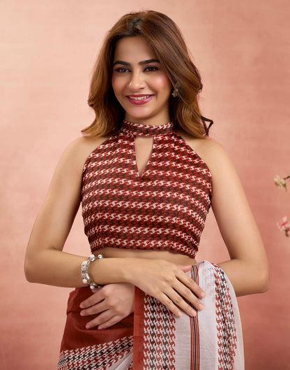 Ready To Wear Maroon Linen Printed Saree
