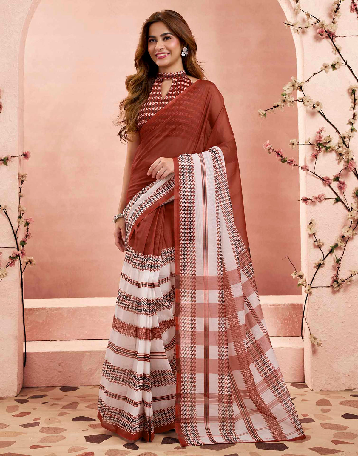 Ready To Wear Maroon Linen Printed Saree