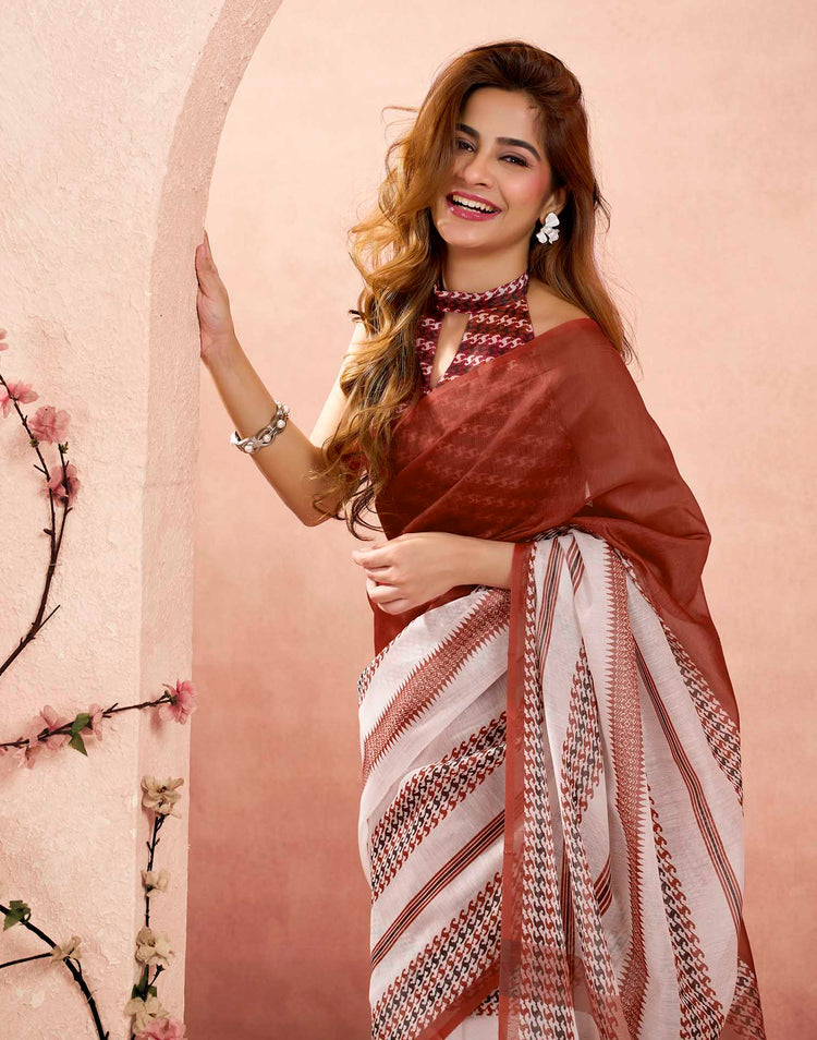 Ready To Wear Maroon Linen Printed Saree