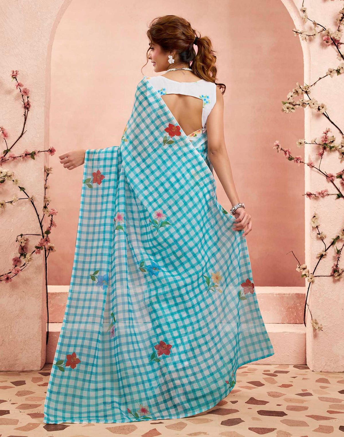 Ready To Wear Aqua Blue Linen Checked Printed Saree
