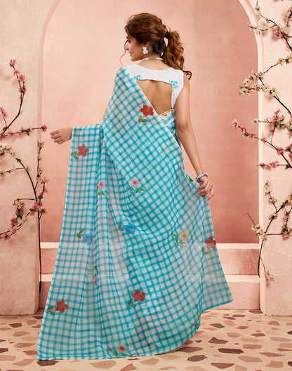 Ready To Wear Aqua Blue Linen Checked Printed Saree