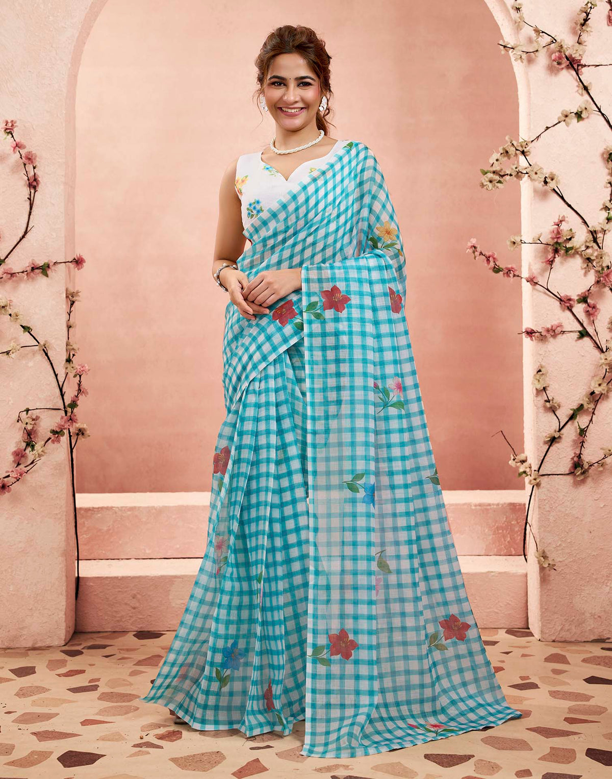 Ready To Wear Aqua Blue Linen Checked Printed Saree