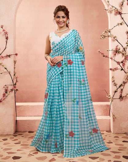 Ready To Wear Aqua Blue Linen Checked Printed Saree