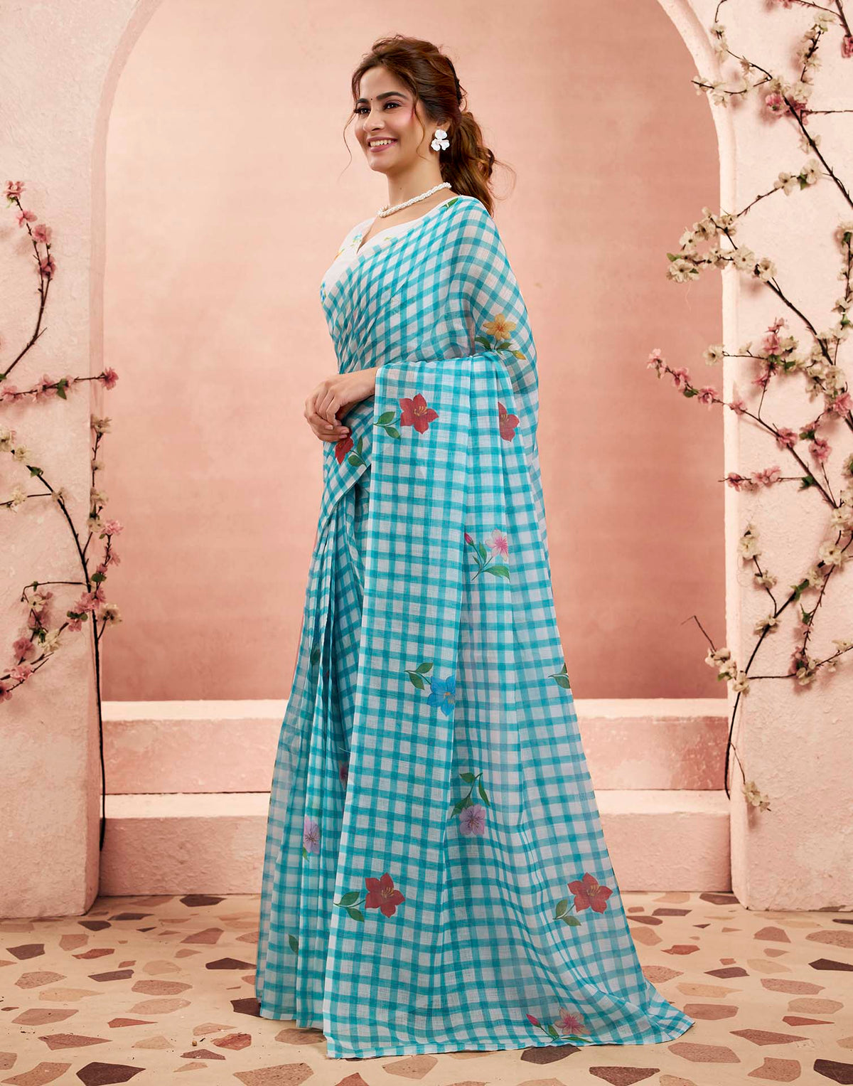 Ready To Wear Aqua Blue Linen Checked Printed Saree