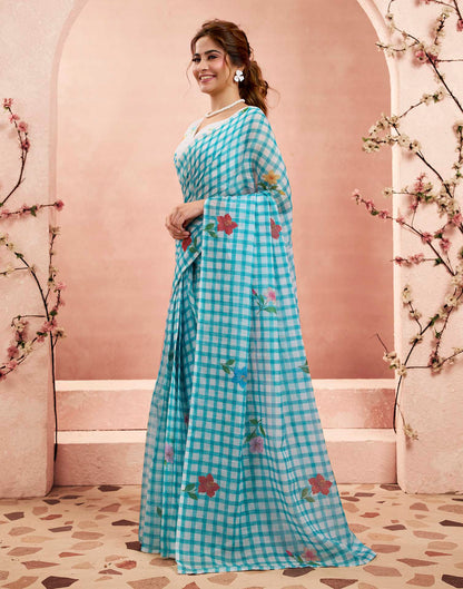 Ready To Wear Aqua Blue Linen Checked Printed Saree