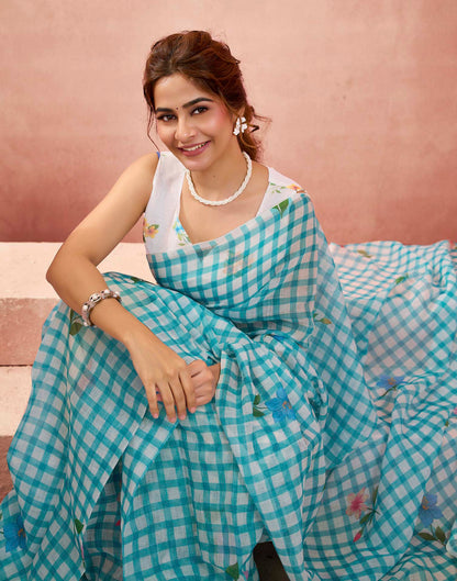 Ready To Wear Aqua Blue Linen Checked Printed Saree