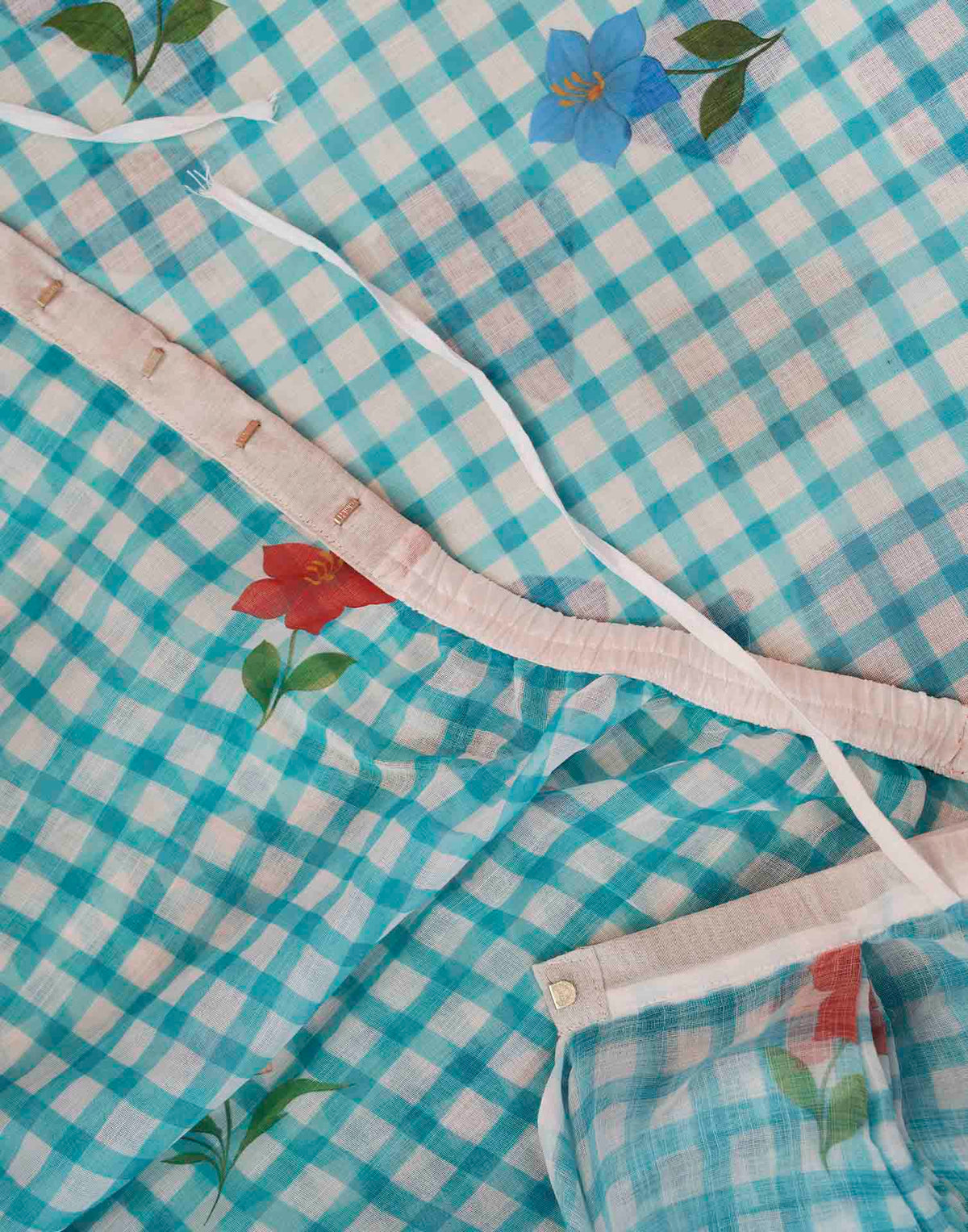 Ready To Wear Aqua Blue Linen Checked Printed Saree