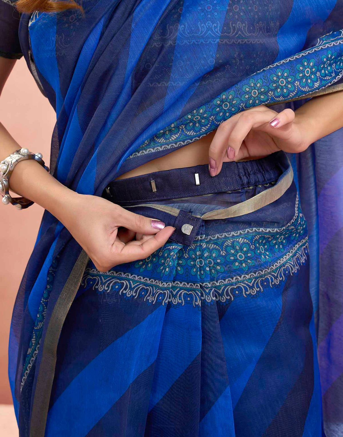 Ready To Wear Dark Blue Linen Printed Saree