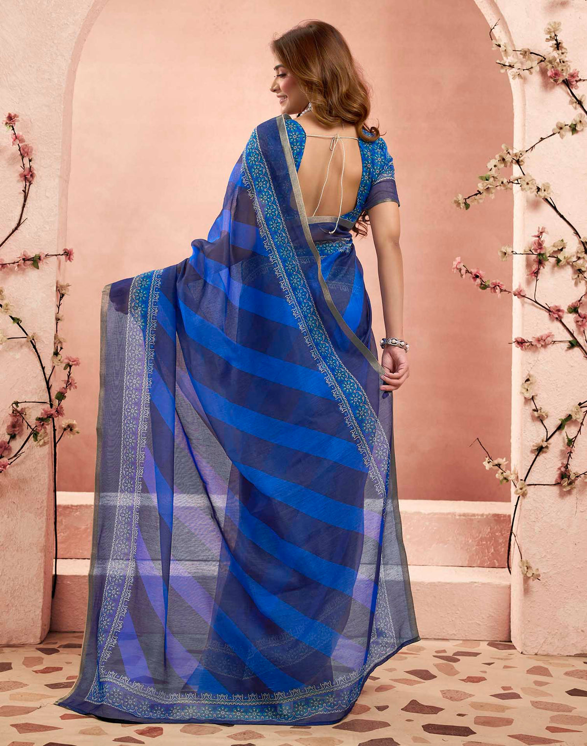 Ready To Wear Dark Blue Linen Printed Saree