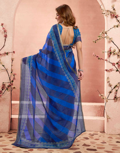 Ready To Wear Dark Blue Linen Printed Saree