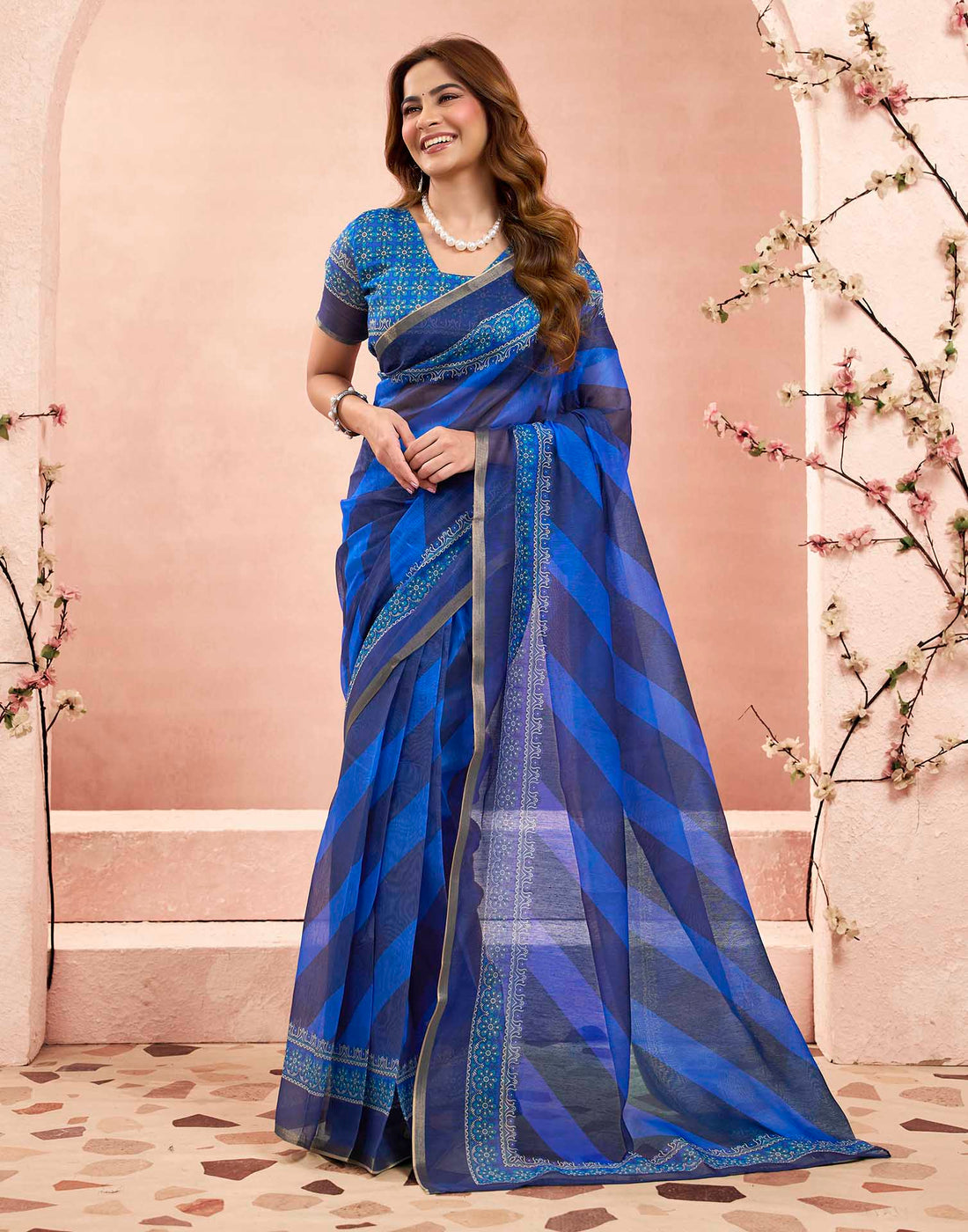 Ready To Wear Dark Blue Linen Printed Saree