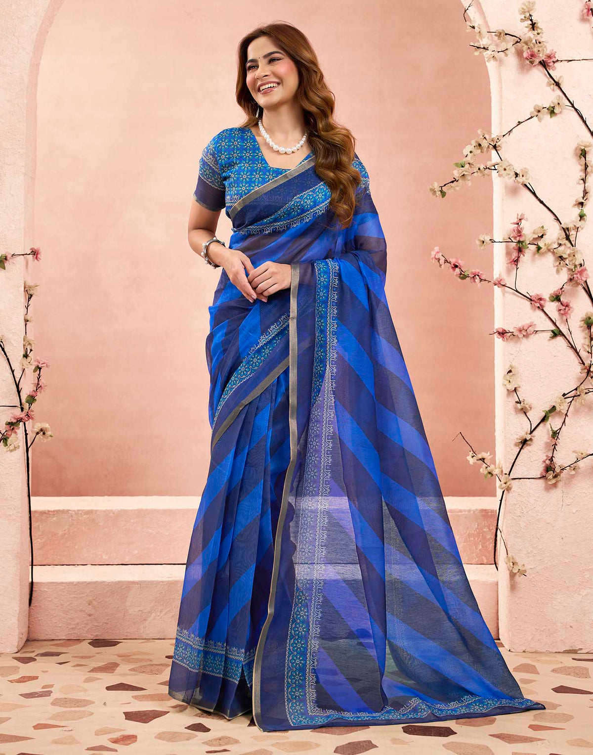Ready To Wear Dark Blue Linen Printed Saree
