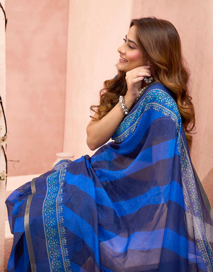 Ready To Wear Dark Blue Linen Printed Saree
