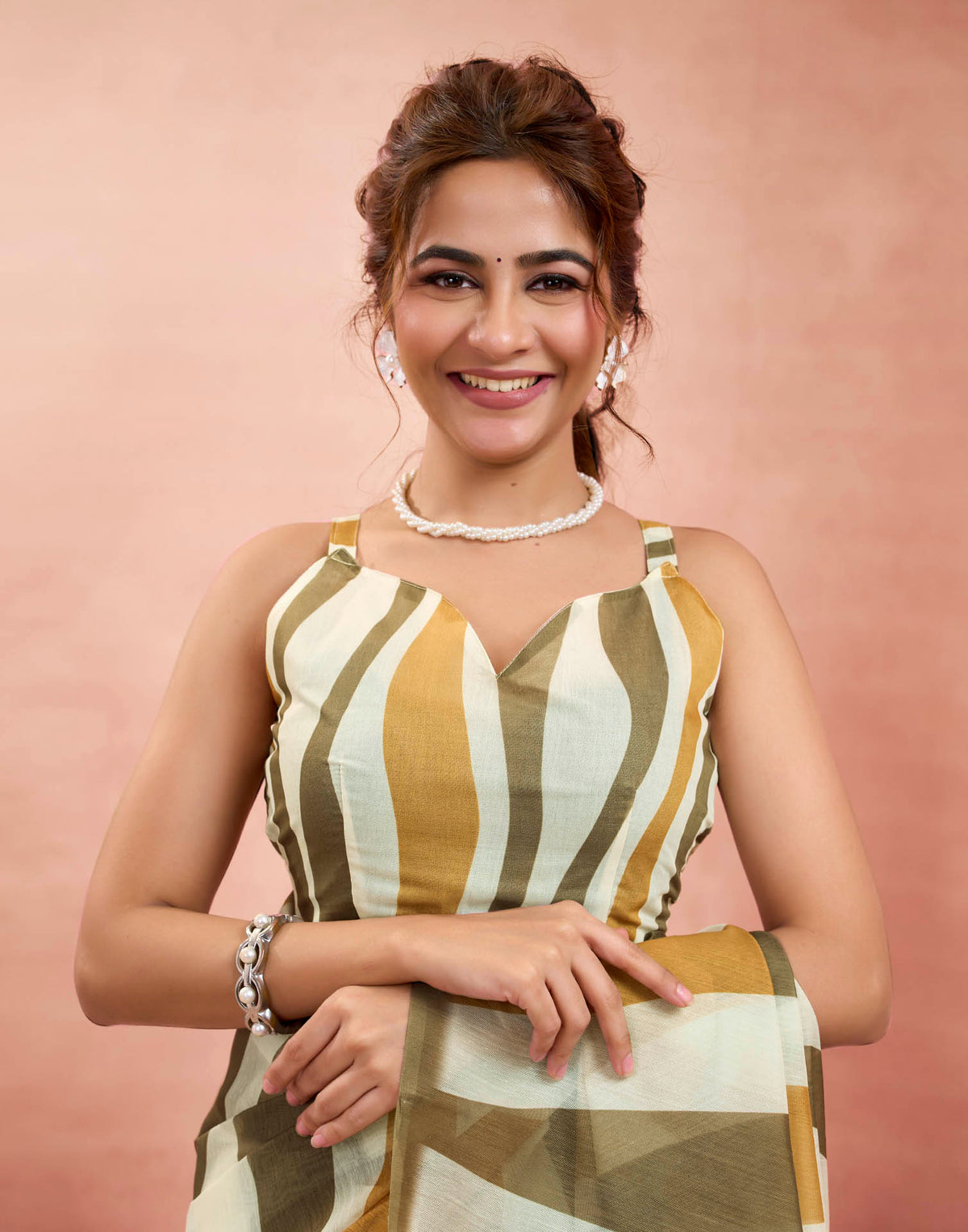 Ready To Wear Beige Linen Printed Saree