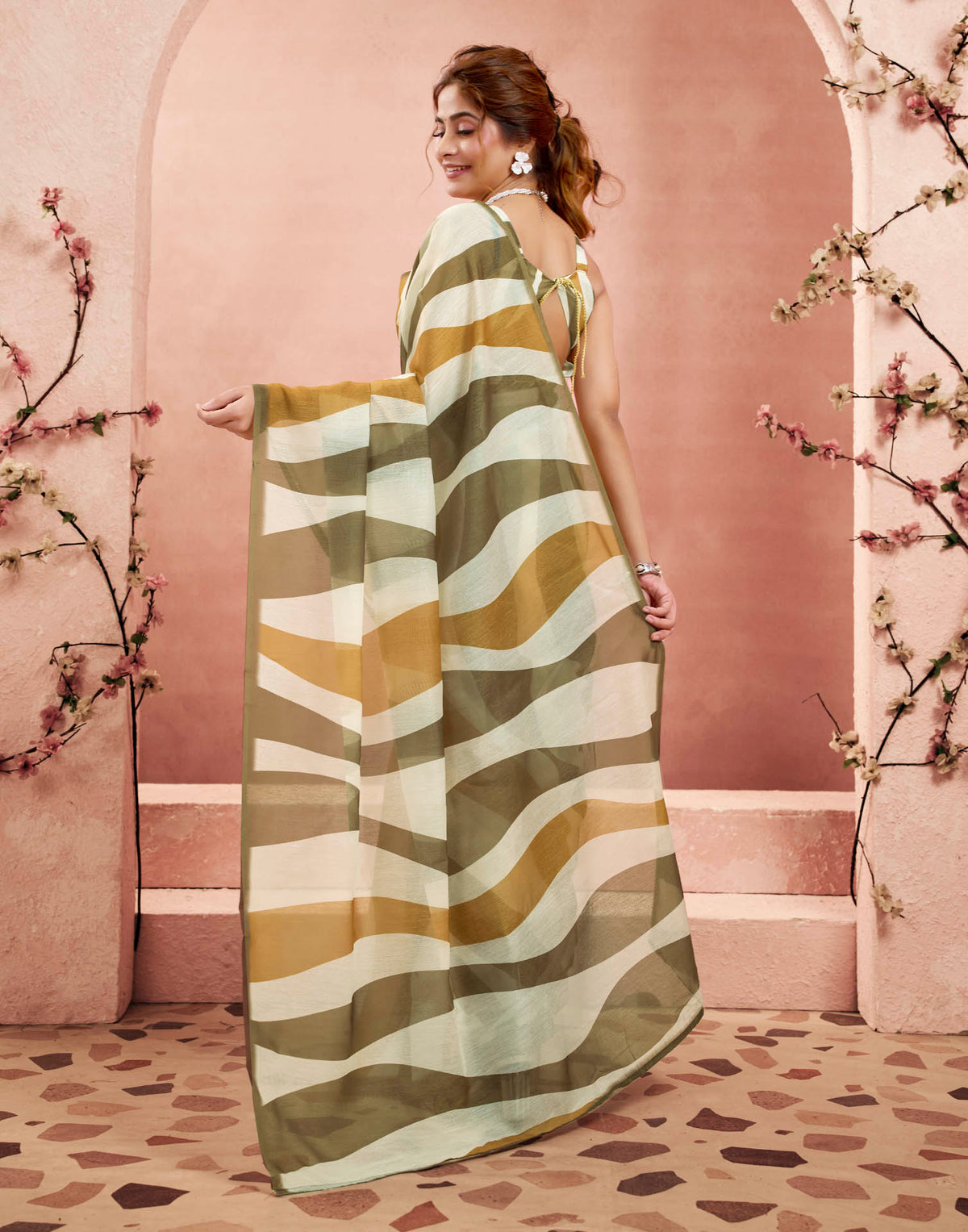 Ready To Wear Beige Linen Printed Saree