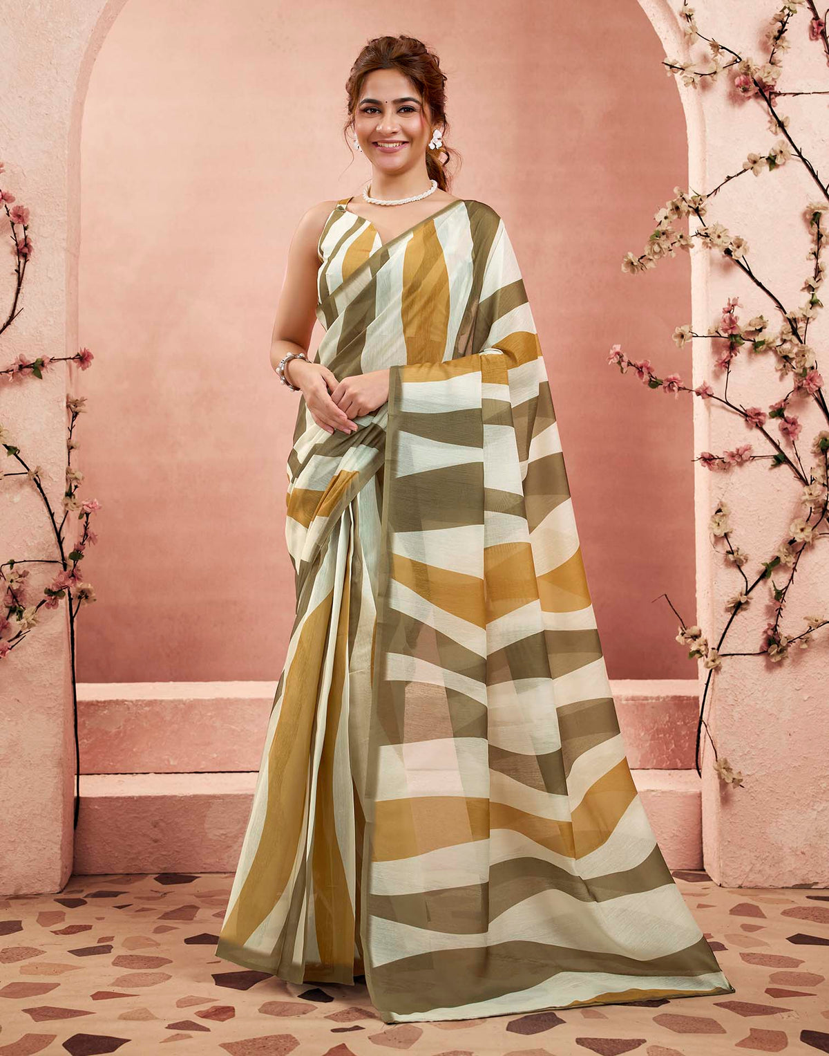 Ready To Wear Beige Linen Printed Saree