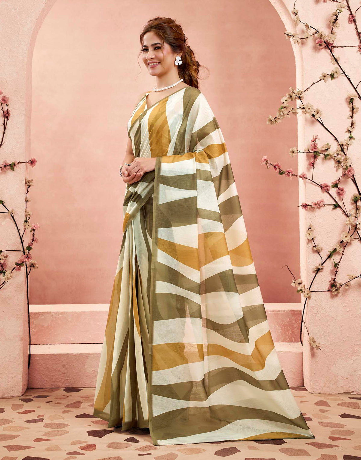 Ready To Wear Beige Linen Printed Saree