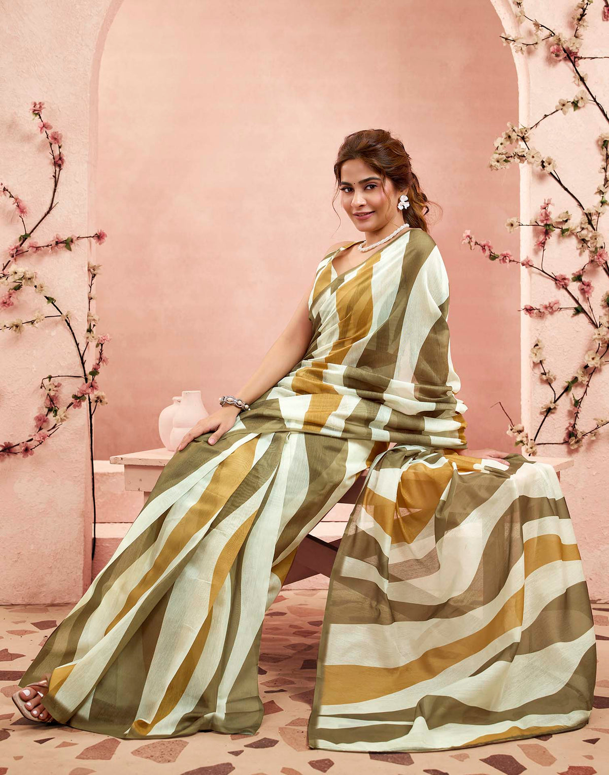 Ready To Wear Beige Linen Printed Saree