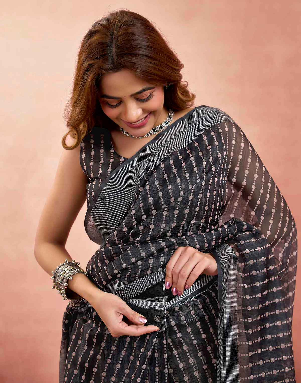 Ready To Wear Charcoal Black Linen Printed Saree
