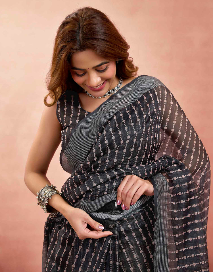 Ready To Wear Charcoal Black Linen Printed Saree