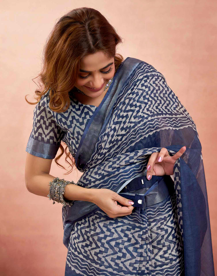 Ready To Wear Navy Blue Linen Printed Saree