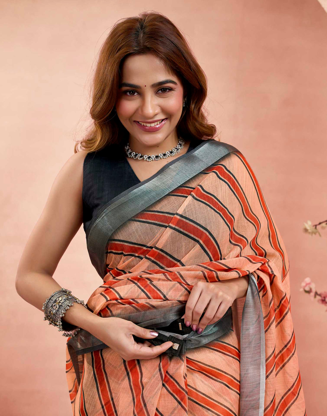 Ready To Wear Coral Orange Linen Printed Saree