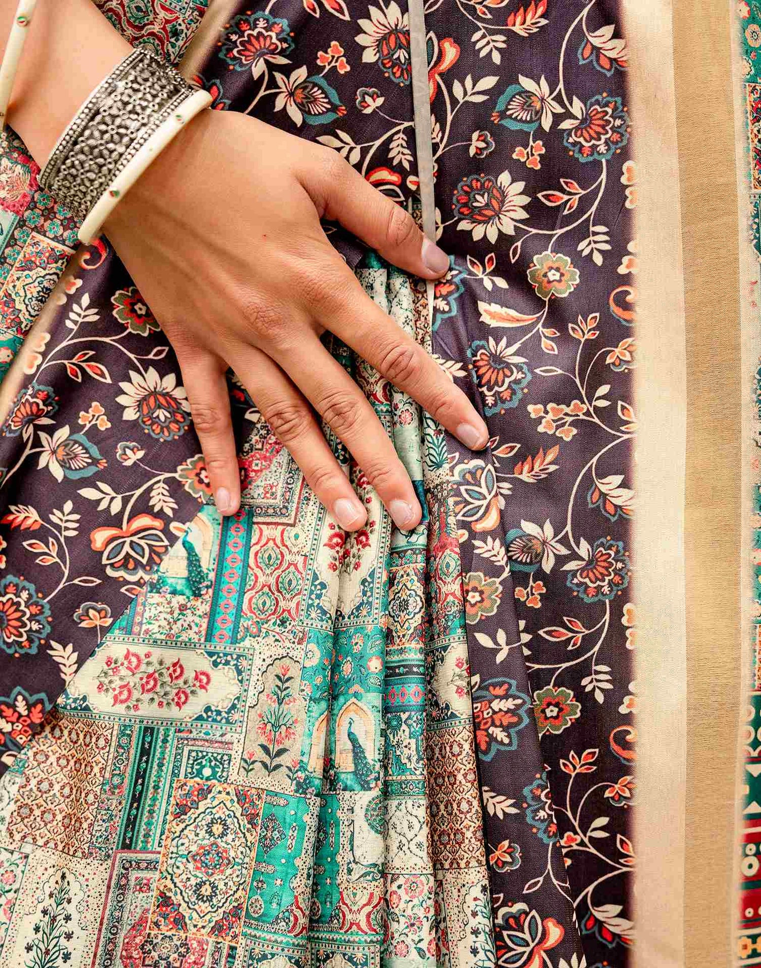 Multicoloured Silk Kalamkari Printed Saree