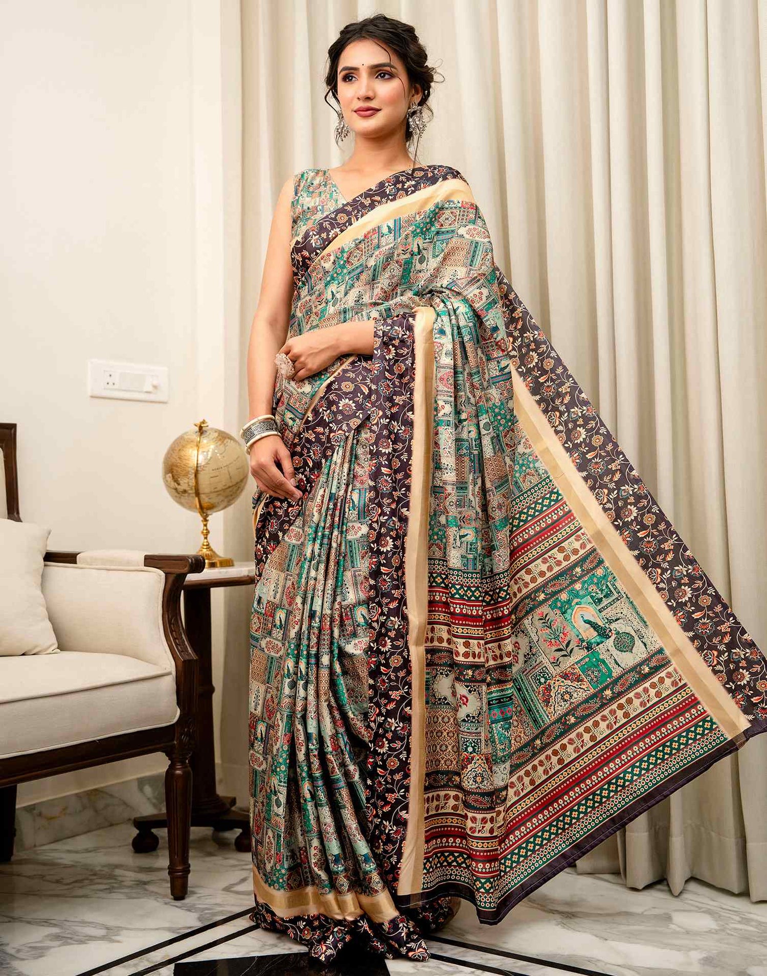 Multicoloured Silk Kalamkari Printed Saree