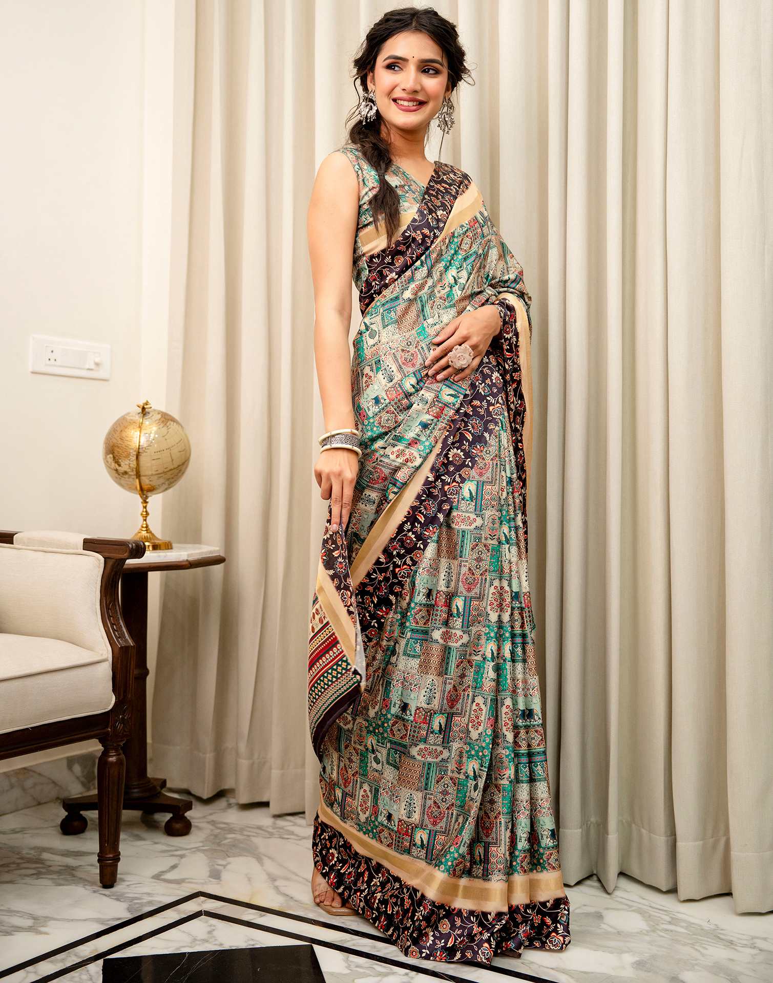 Multicoloured Silk Kalamkari Printed Saree