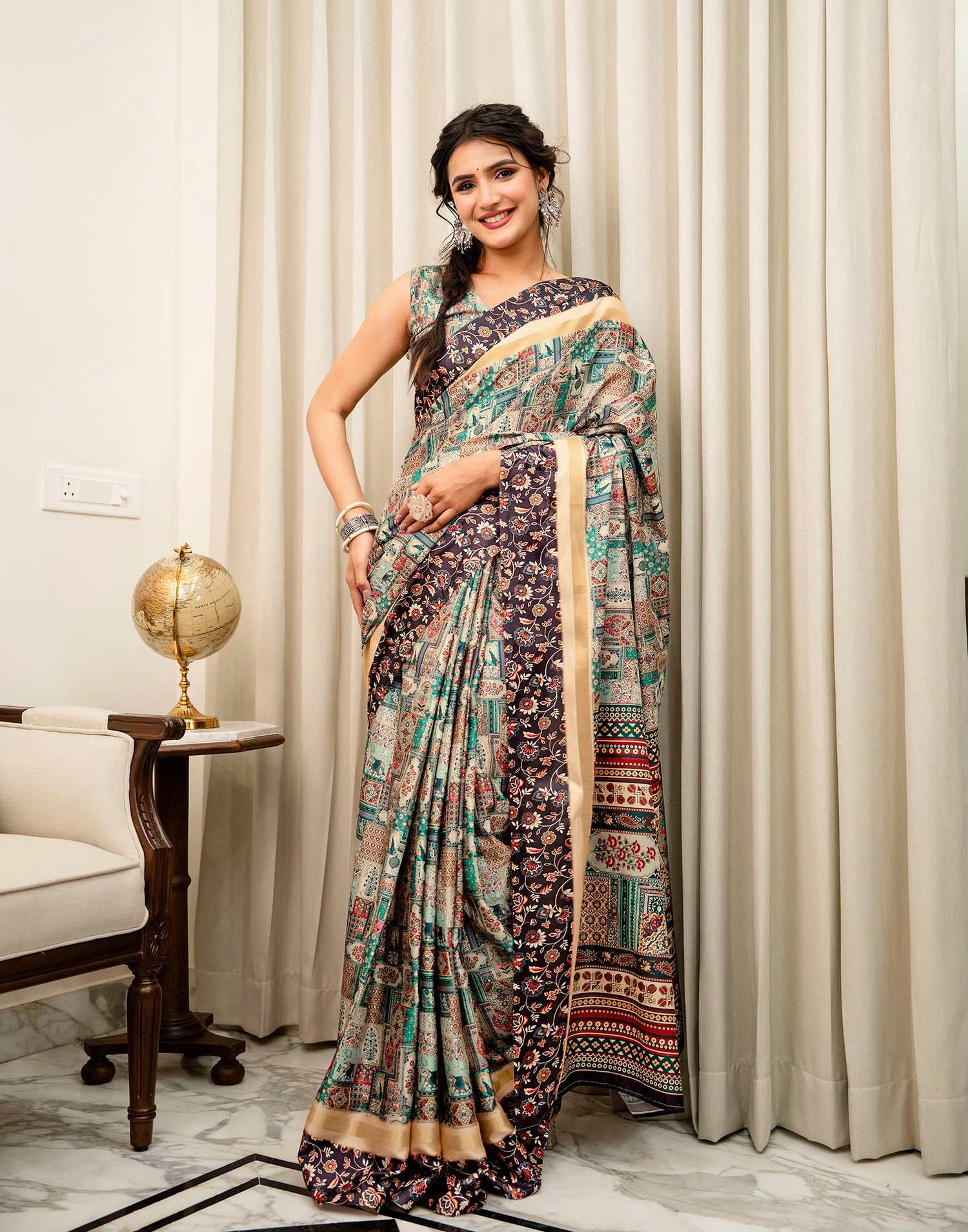 Multicoloured Silk Kalamkari Printed Saree