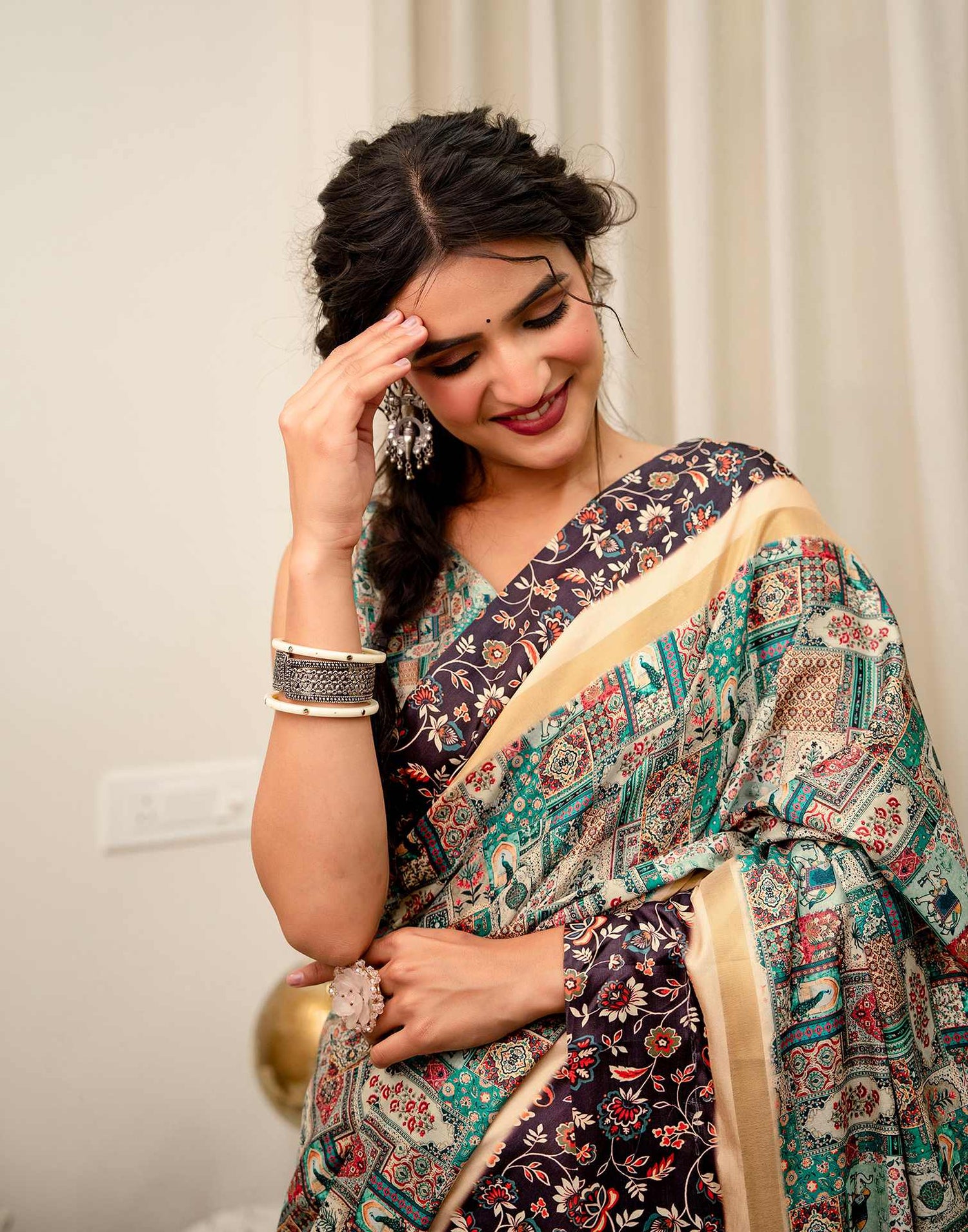 Multicoloured Silk Kalamkari Printed Saree