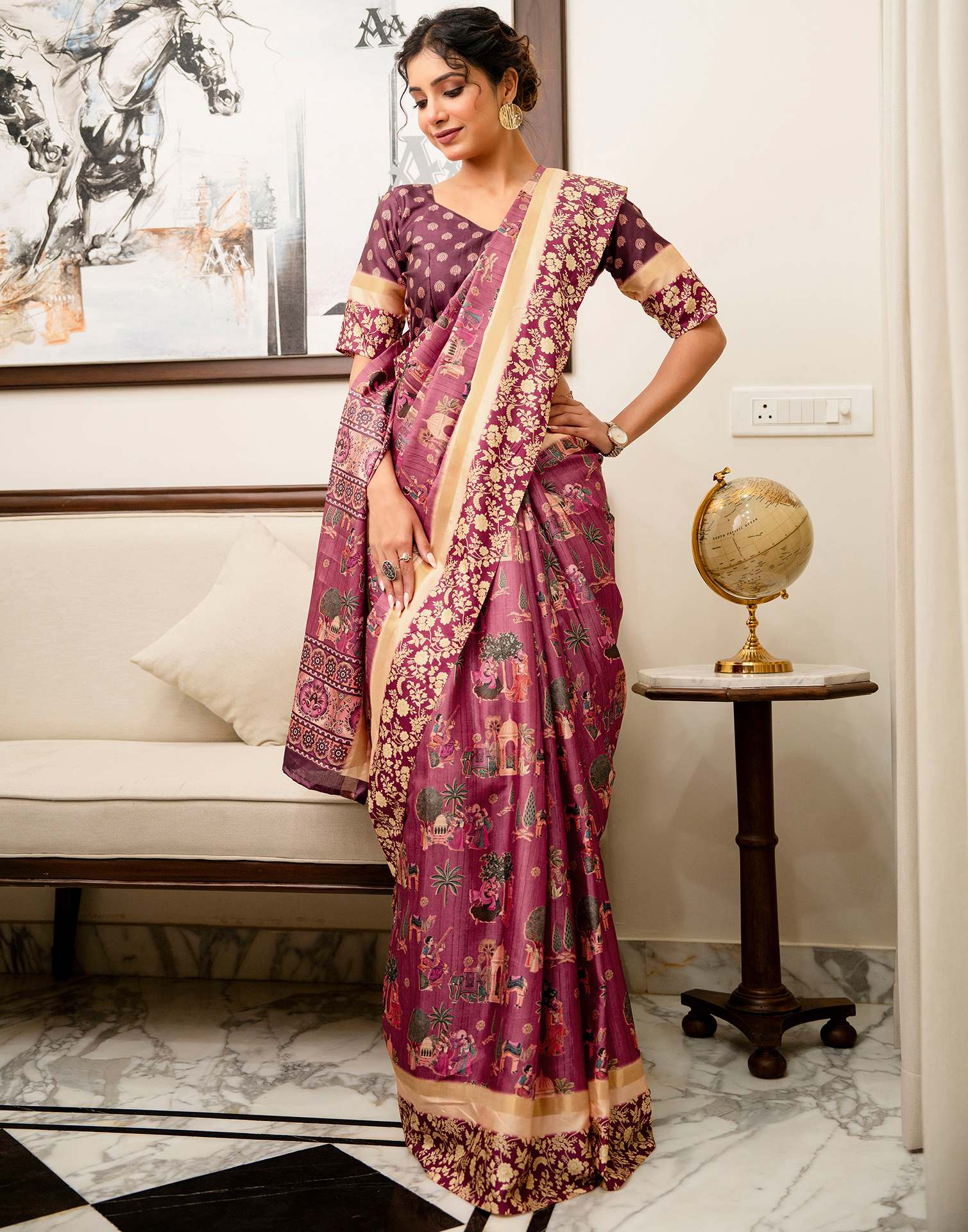 Rose Pink Silk Kalamkari Printed Saree