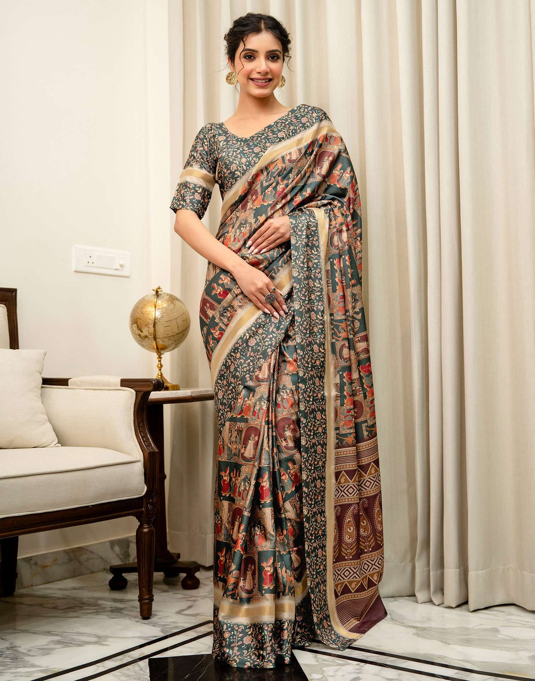 Dusty Rama Green Silk Kalamkari Printed Saree