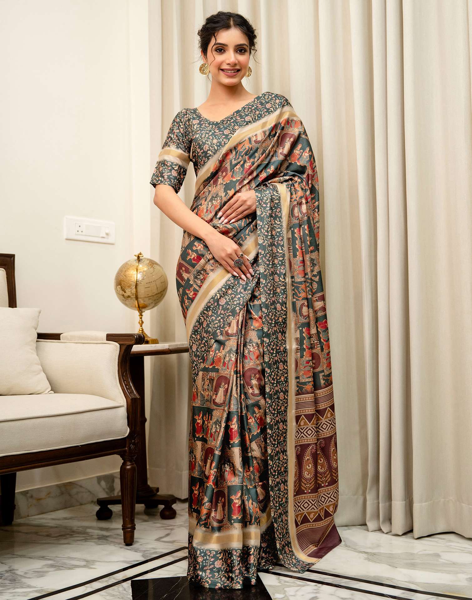 Dusty Rama Green Silk Kalamkari Printed Saree