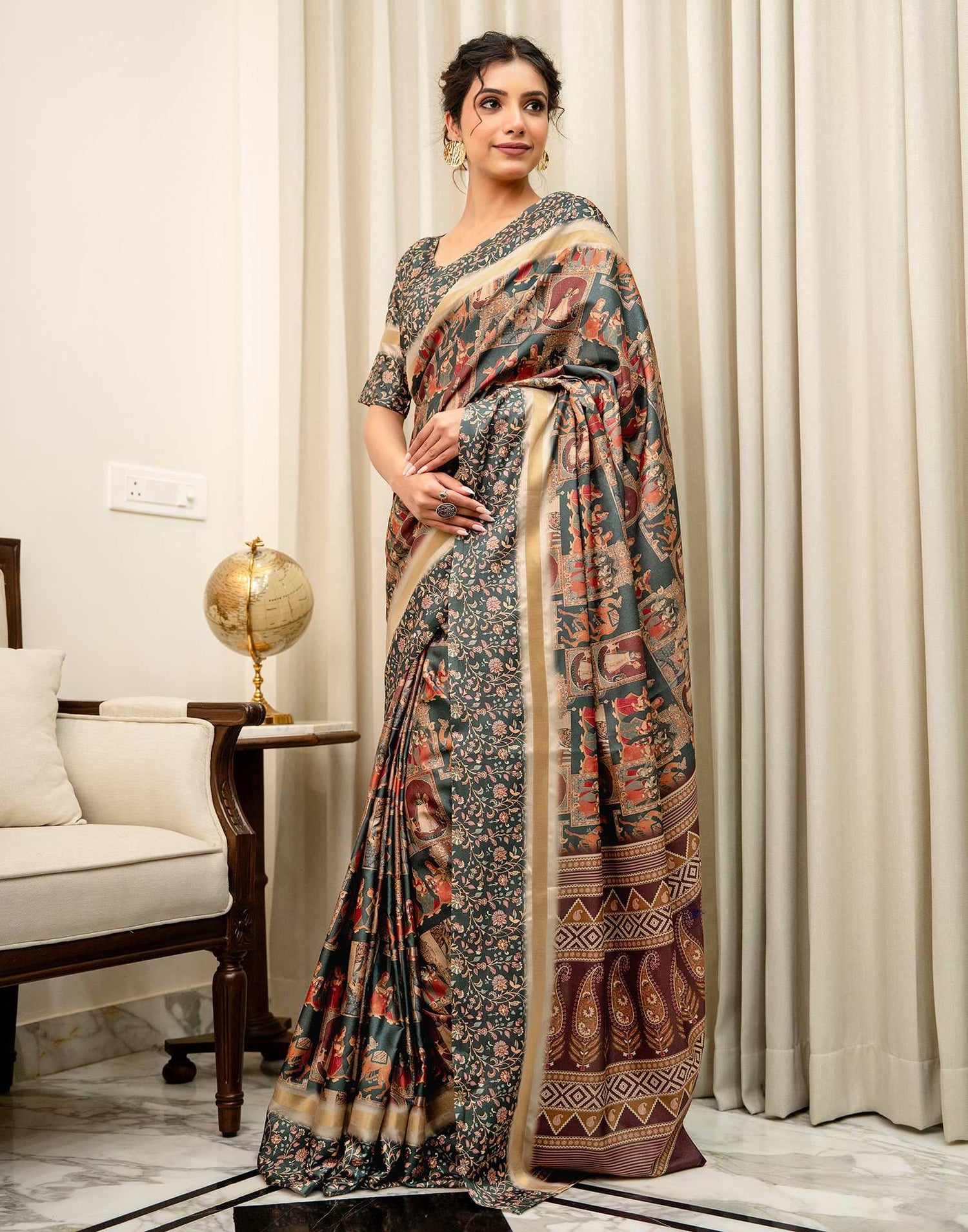 Dusty Rama Green Silk Kalamkari Printed Saree