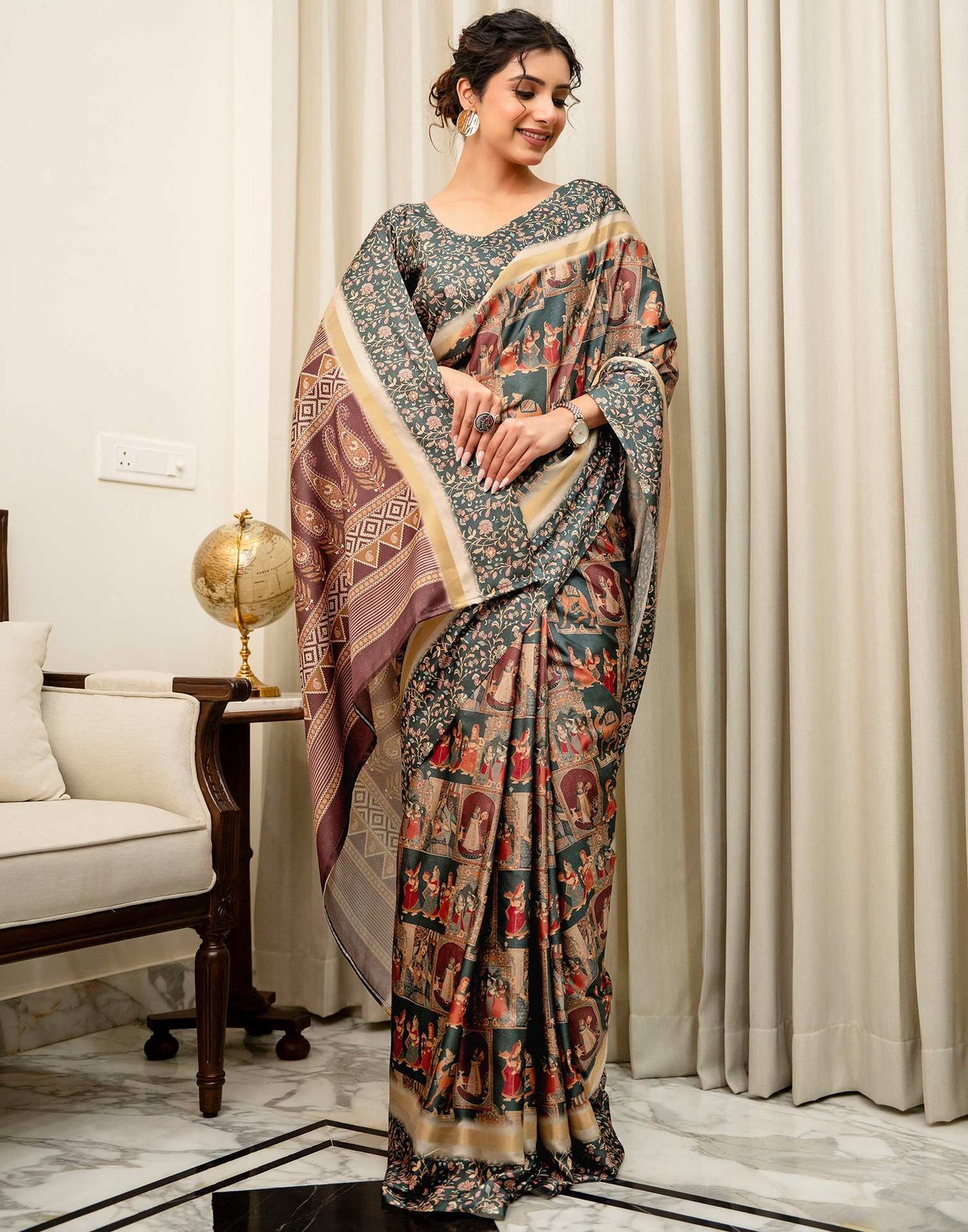 Dusty Rama Green Silk Kalamkari Printed Saree