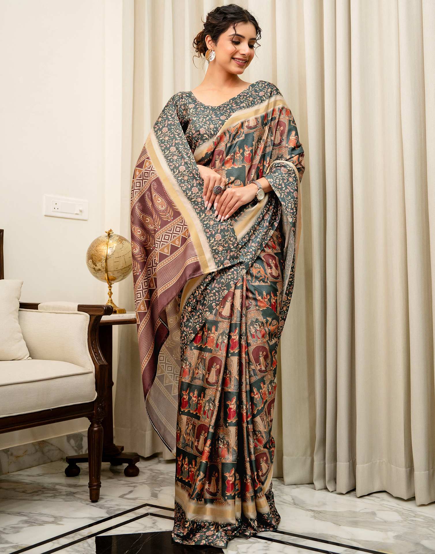 Dusty Rama Green Silk Kalamkari Printed Saree