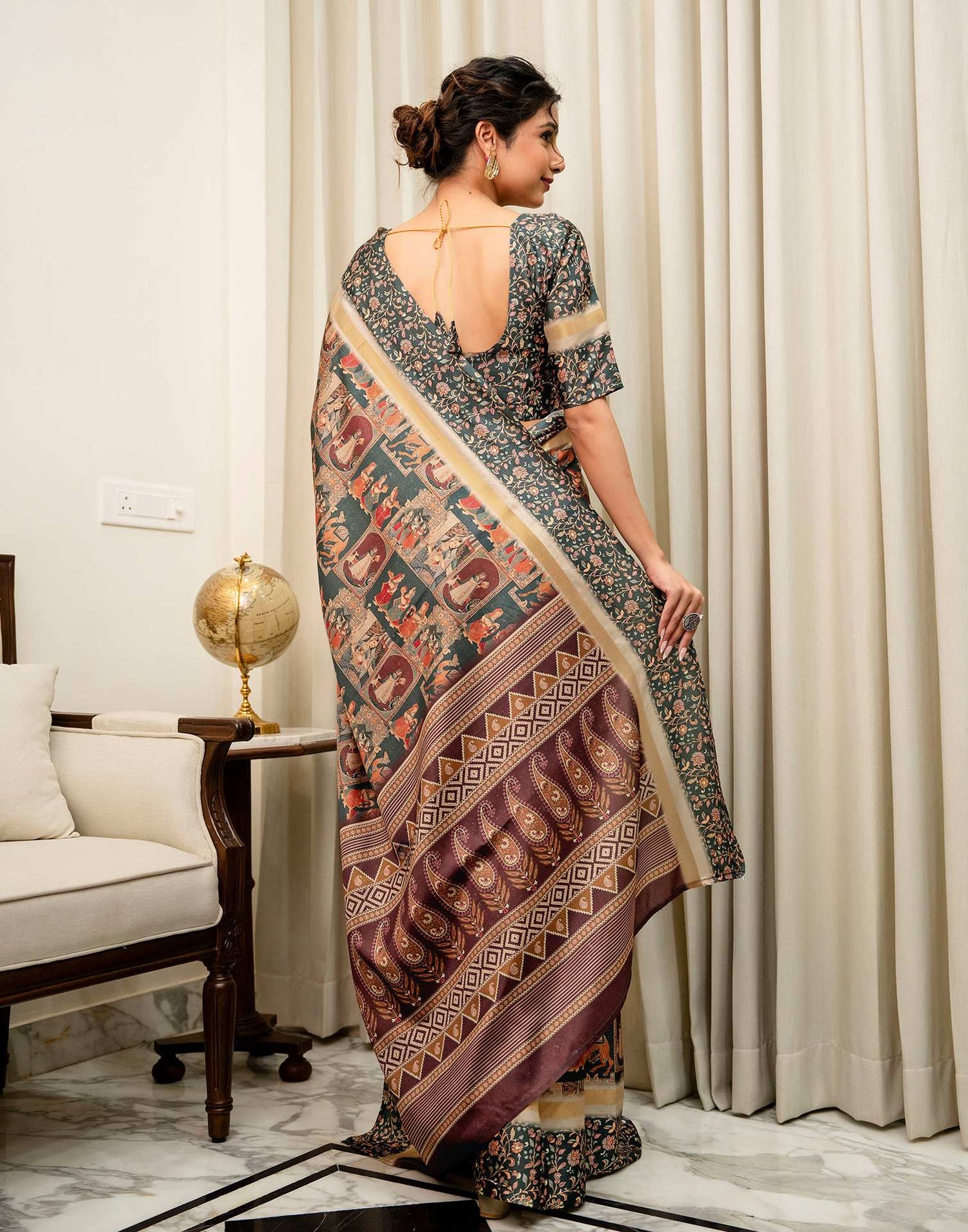 Dusty Rama Green Silk Kalamkari Printed Saree