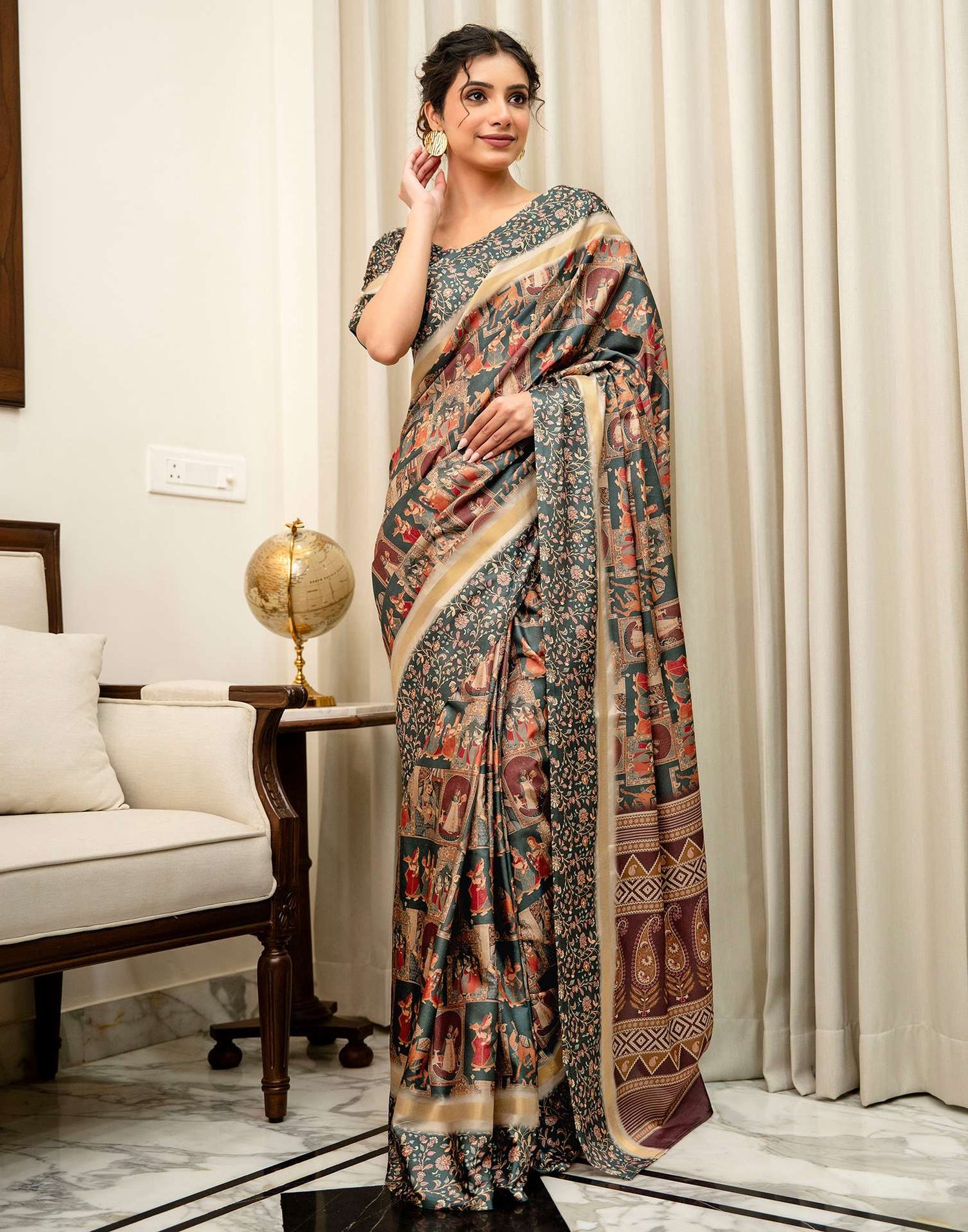 Dusty Rama Green Silk Kalamkari Printed Saree