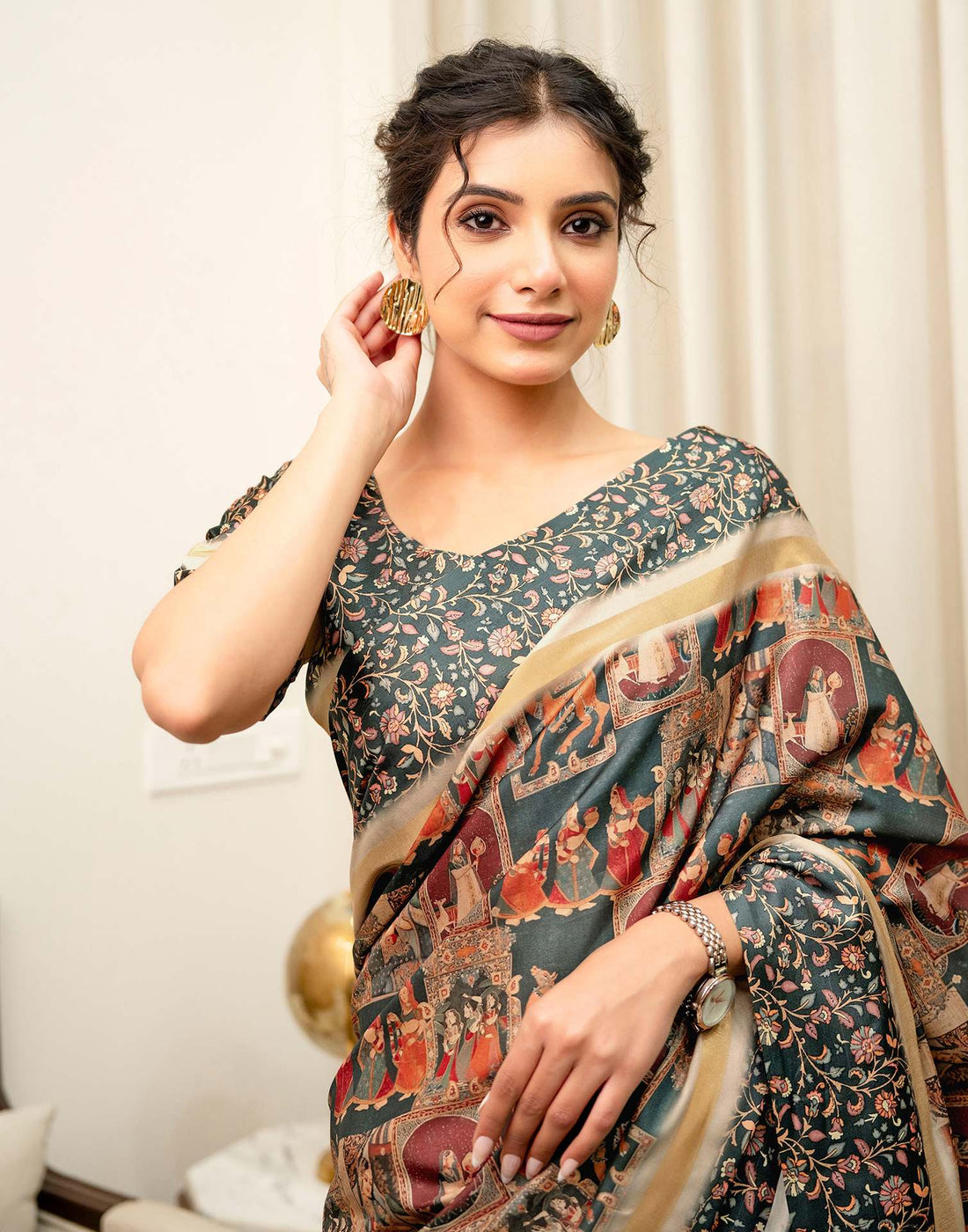 Dusty Rama Green Silk Kalamkari Printed Saree