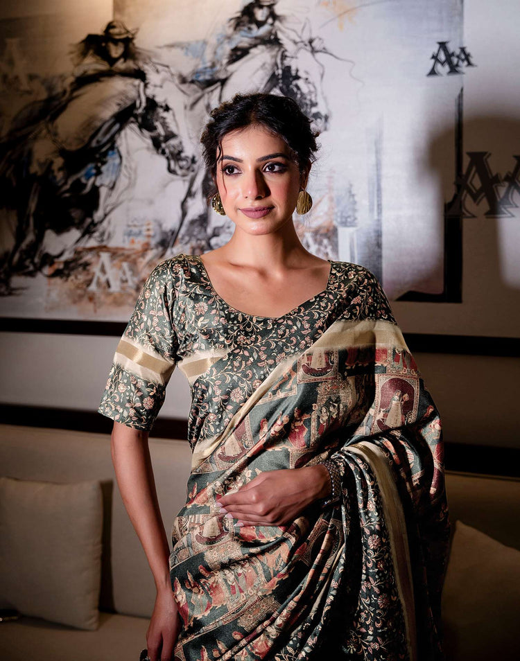 Dusty Rama Green Silk Kalamkari Printed Saree