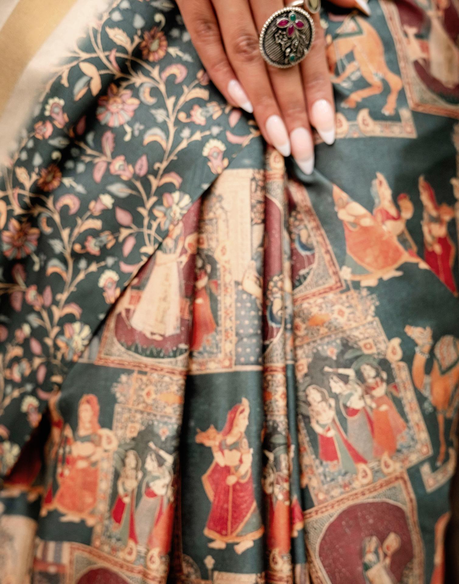 Dusty Rama Green Silk Kalamkari Printed Saree