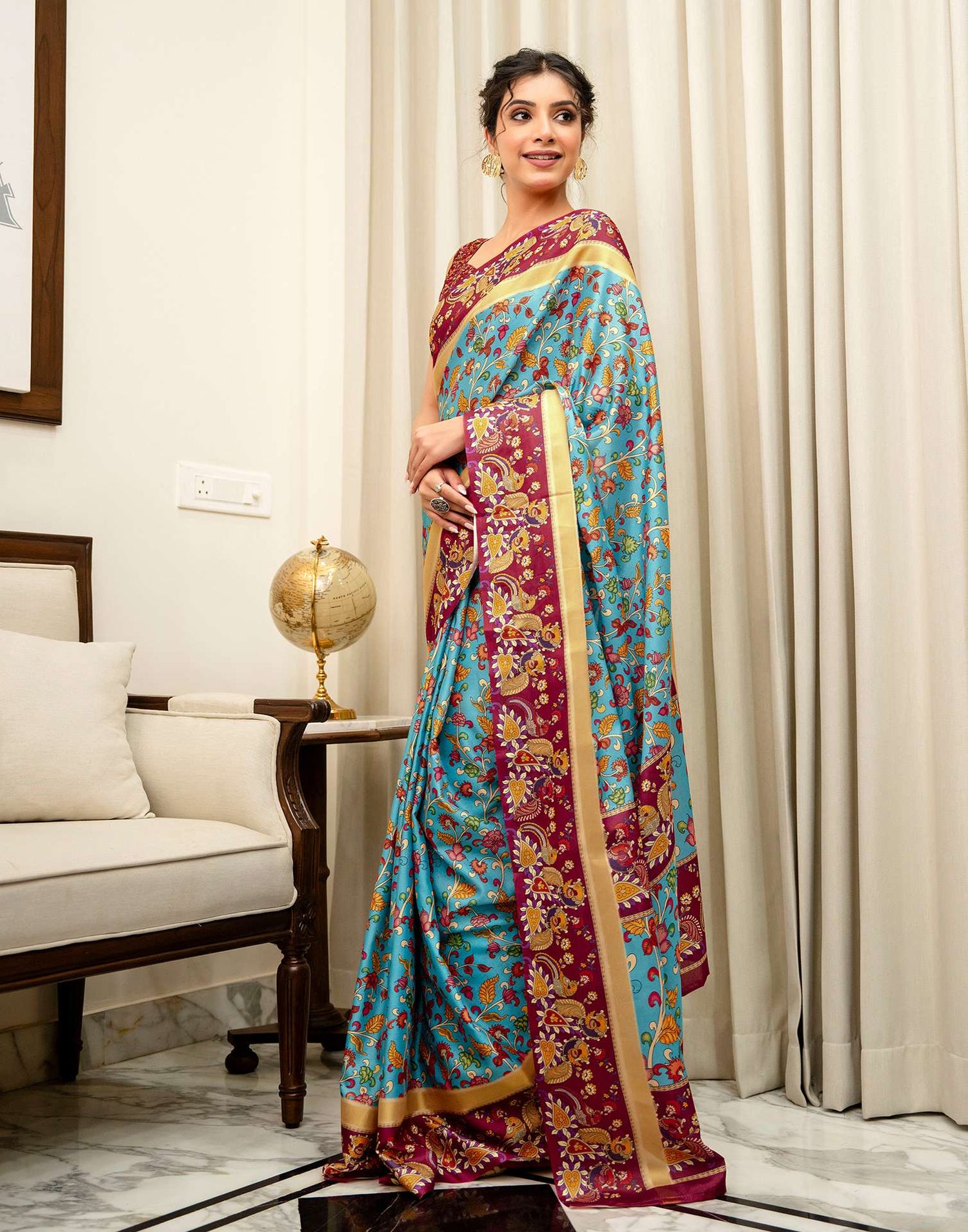Turquoise Blue Silk Printed Saree