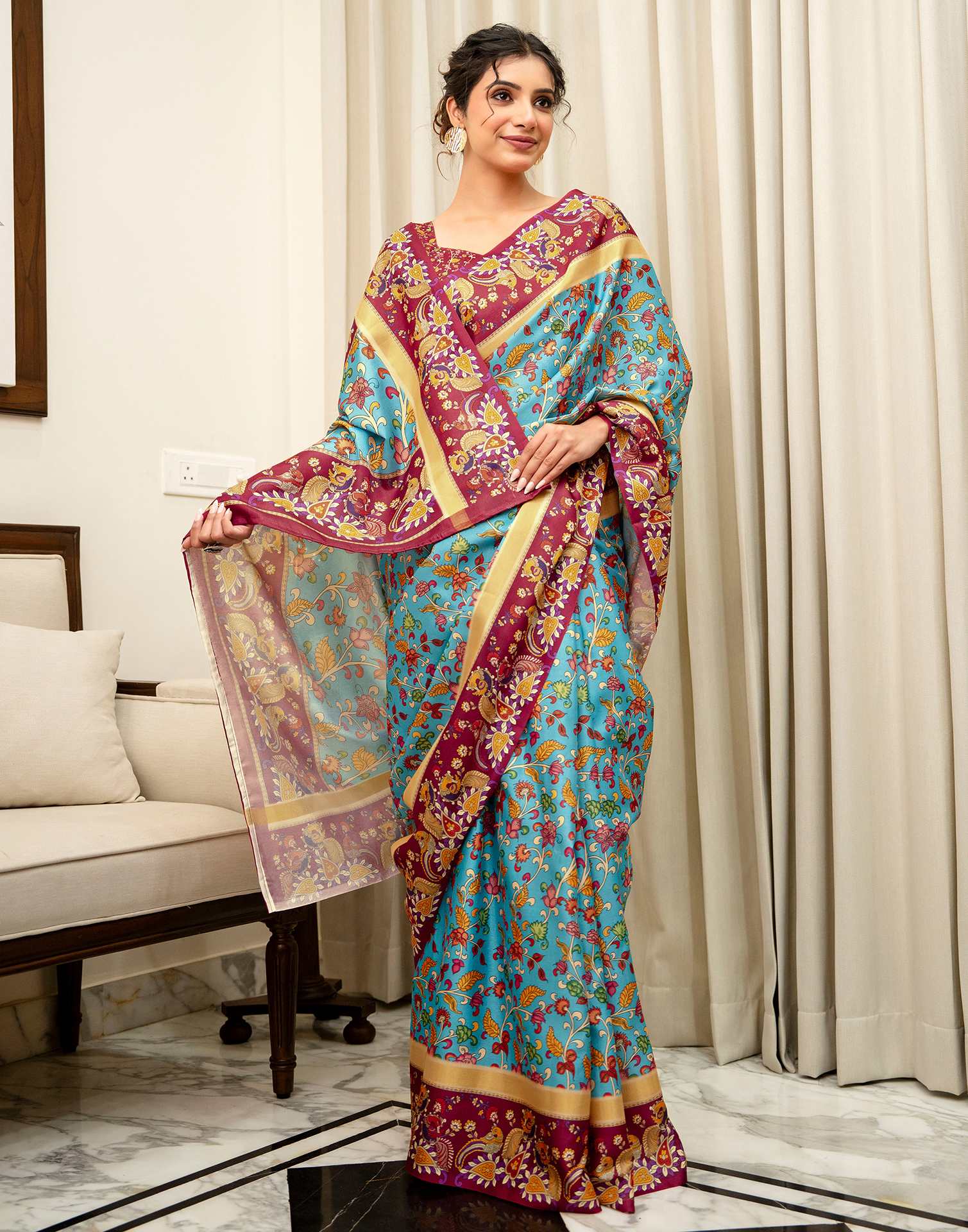 Turquoise Blue Silk Printed Saree